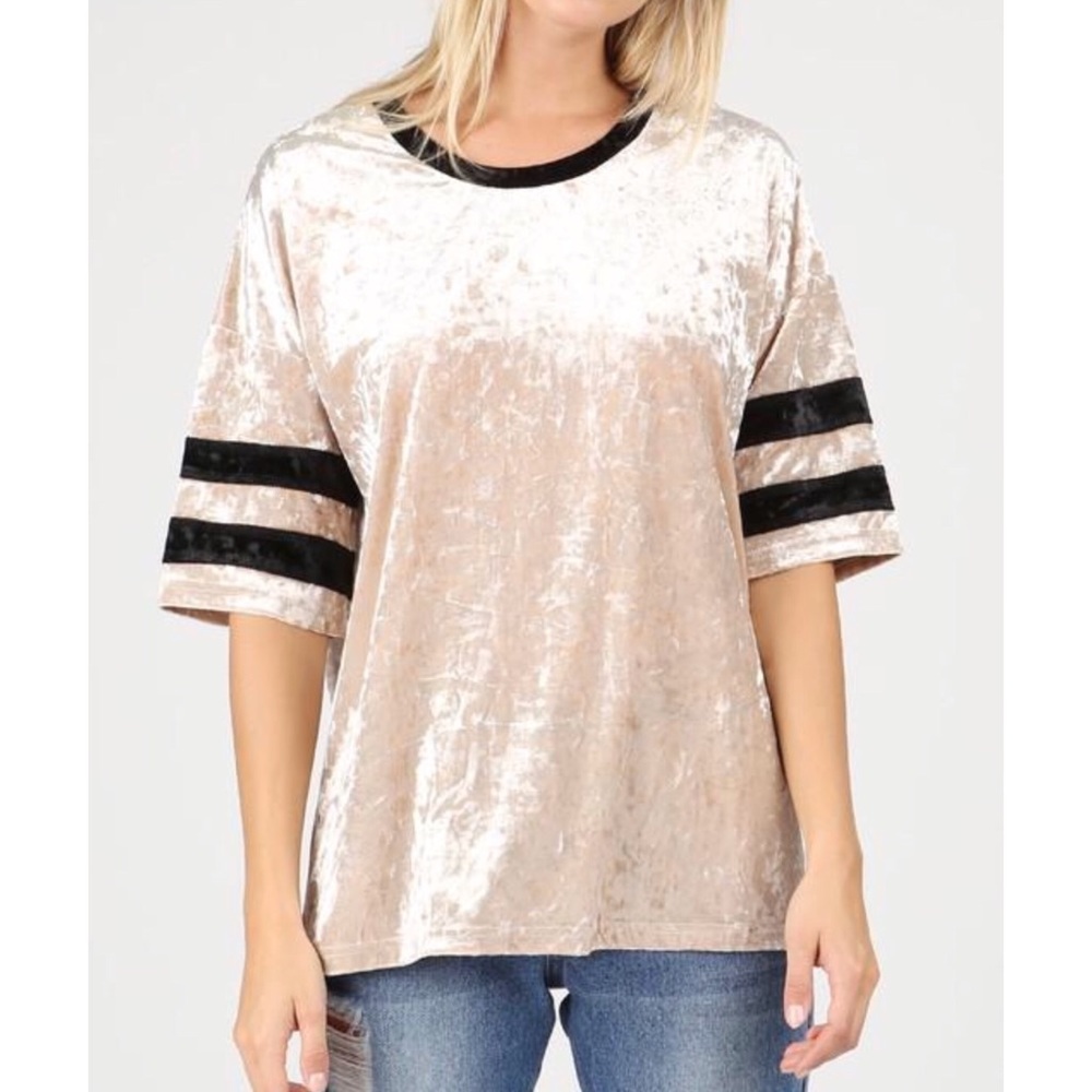 ❗️CLOSING SALE❗️ Beige Varsity stripe velvet tee - Picture 3 of 4